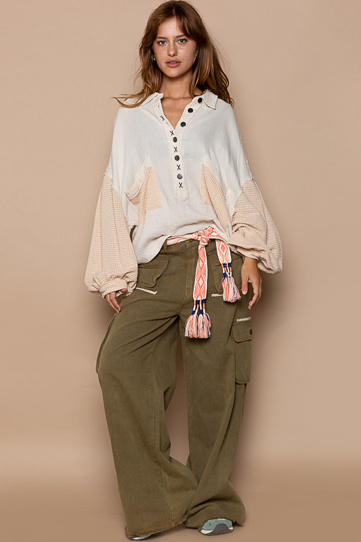 POL Women's Natural Relaxed Double Gauze Top