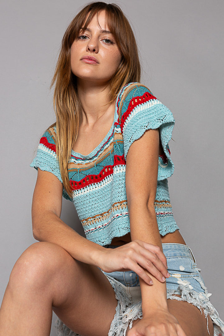 POL Women's Aqua Hand Made Cropped Shirt