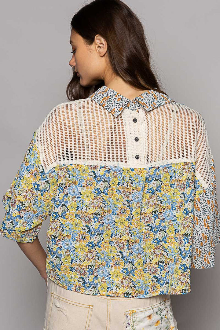 POL Women's Cream and Blue Floral Printed Uneven Top