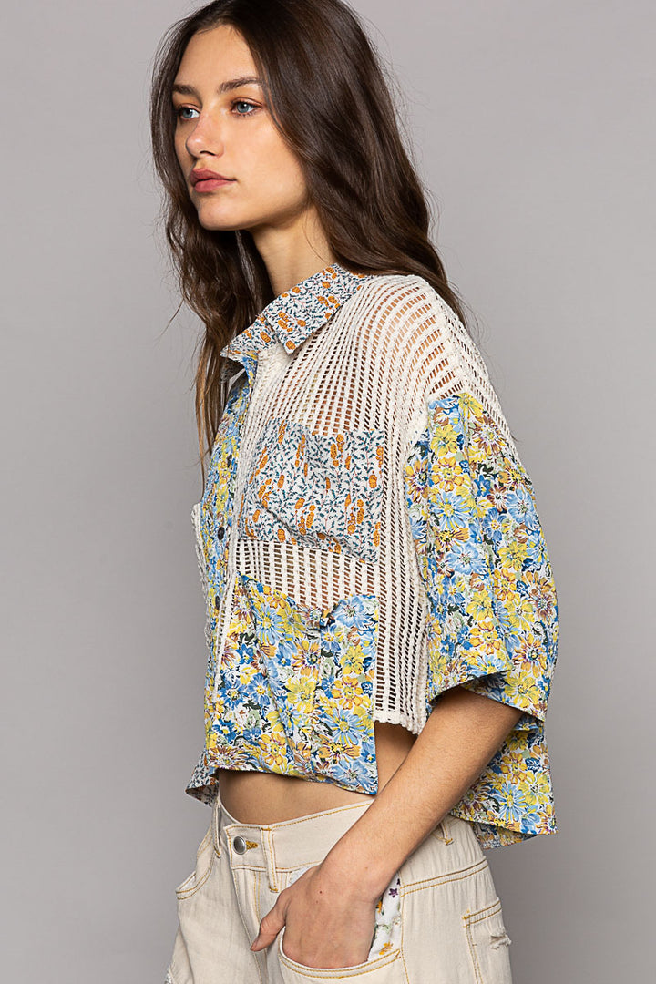 POL Women's Cream and Blue Floral Printed Uneven Top