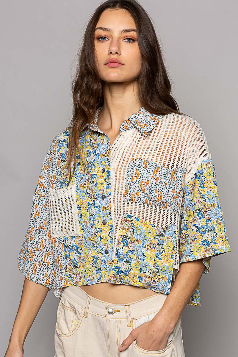 POL Women's Cream and Blue Floral Printed Uneven Top