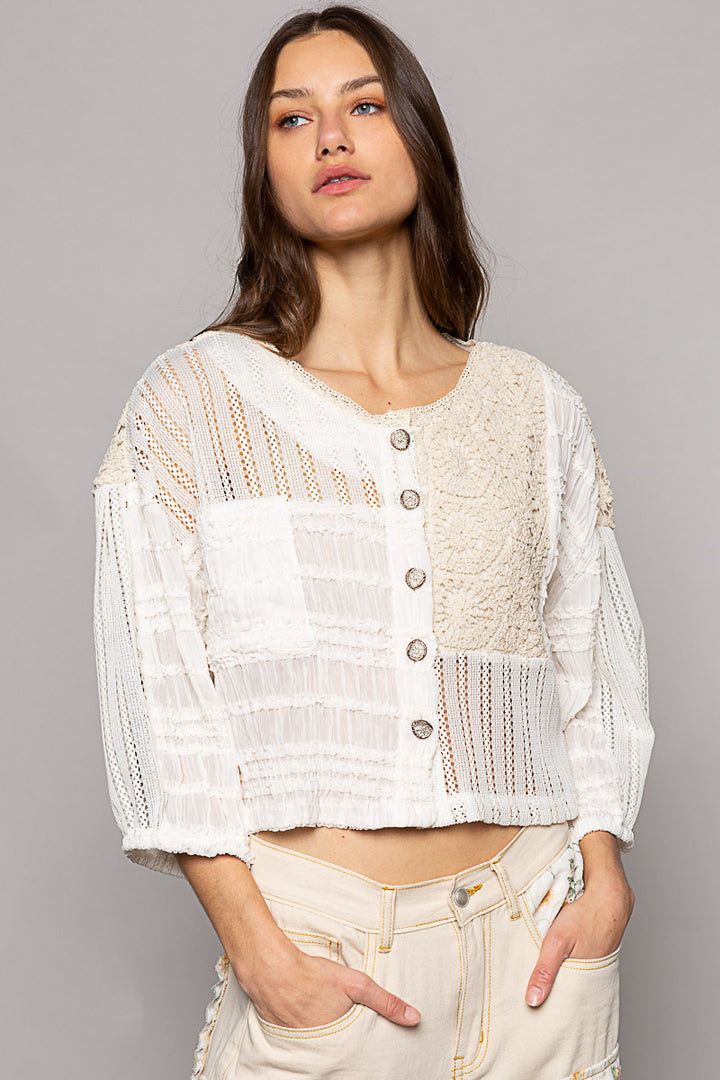 POL Women's Cream Chiffon and Crochet Jacket Top