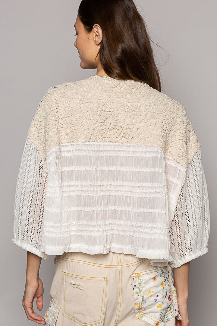 POL Women's Cream Chiffon and Crochet Jacket Top