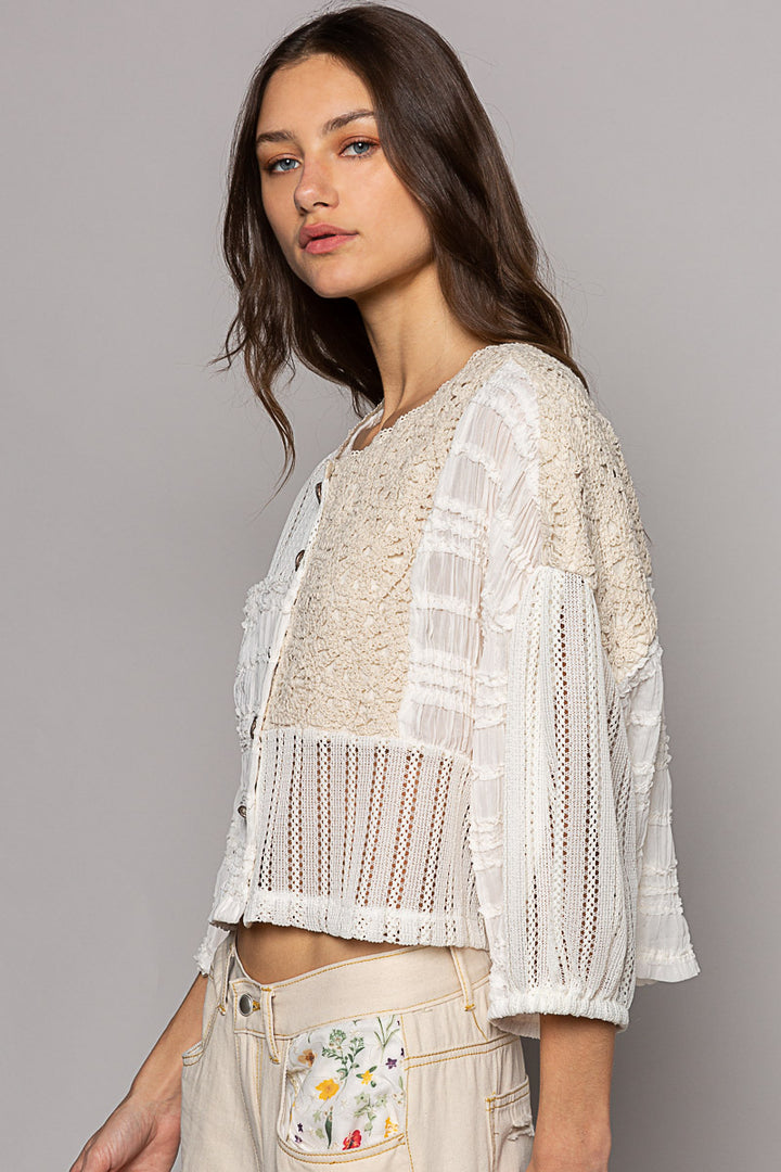 POL Women's Cream Chiffon and Crochet Jacket Top