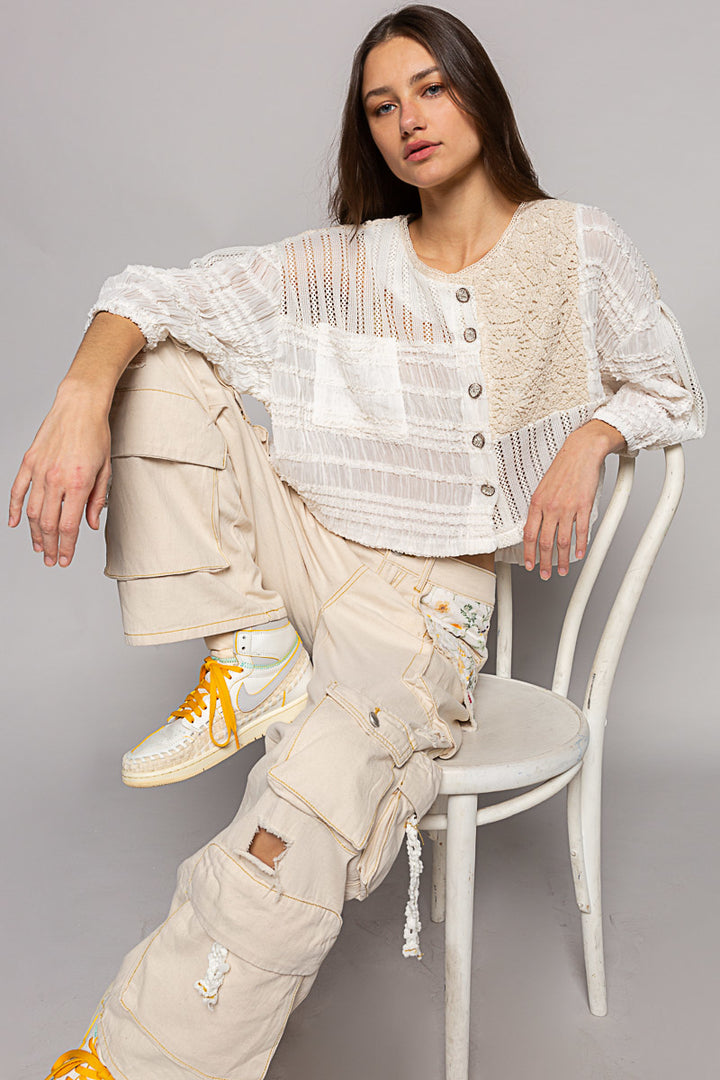 POL Women's Cream Chiffon and Crochet Jacket Top