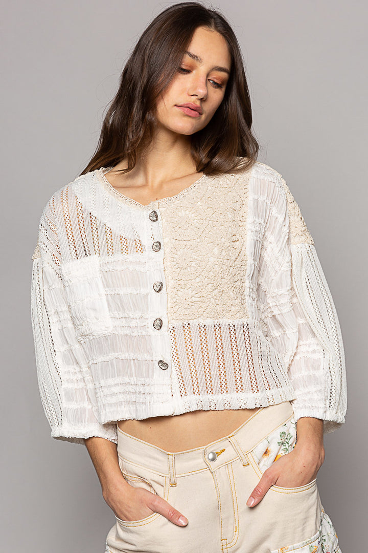 POL Women's Cream Chiffon and Crochet Jacket Top