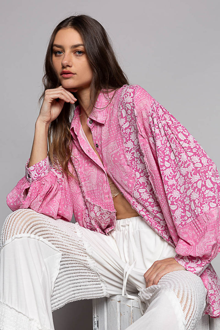 POL Women's Pink Paisley Oversized Long Sleeve Shirt