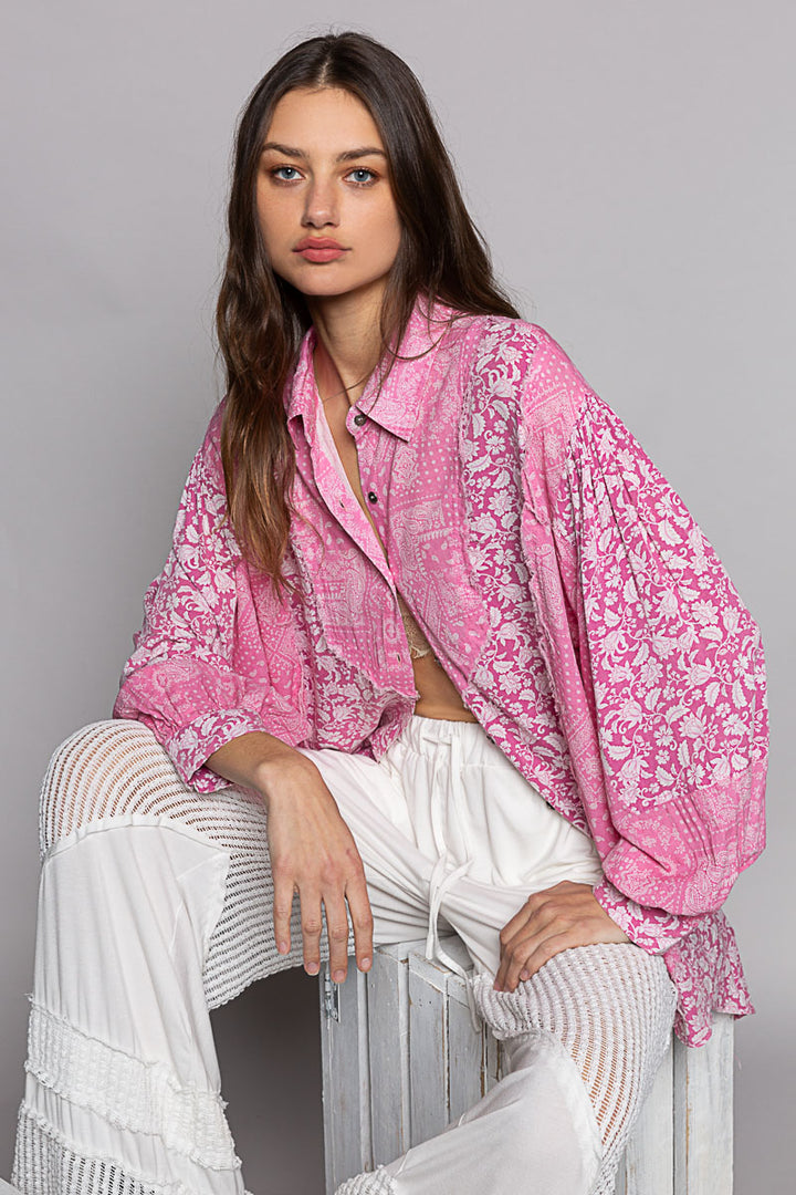 POL Women's Pink Paisley Oversized Long Sleeve Shirt