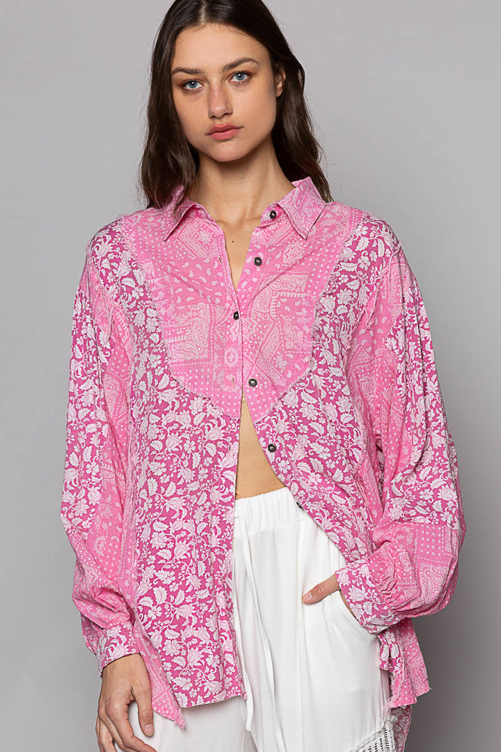 POL Women's Pink Paisley Oversized Long Sleeve Shirt