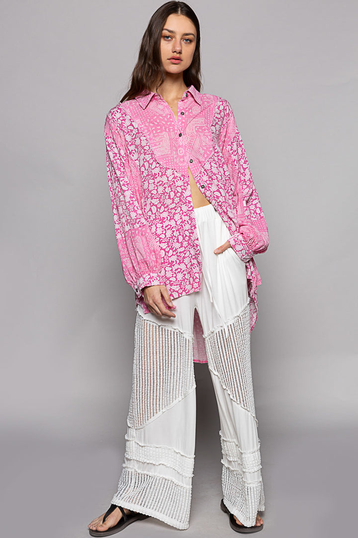 POL Women's Pink Paisley Oversized Long Sleeve Shirt