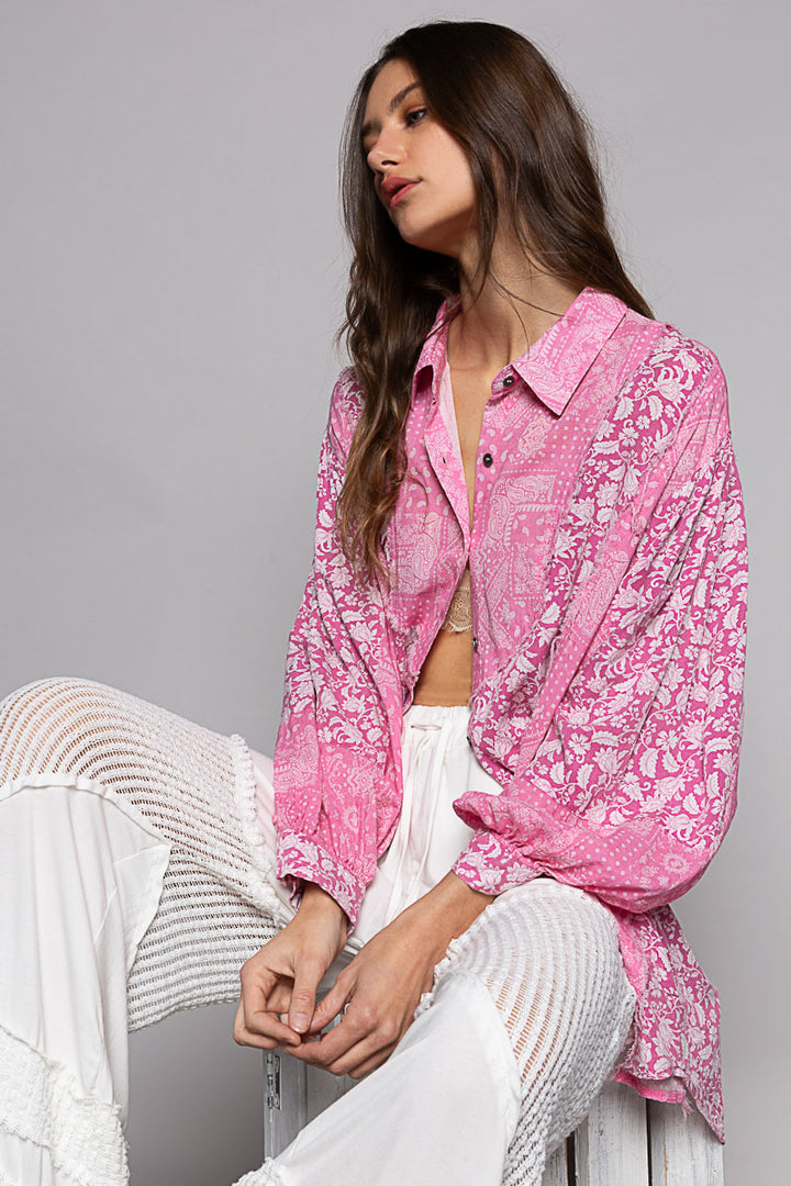 POL Women's Pink Paisley Oversized Long Sleeve Shirt