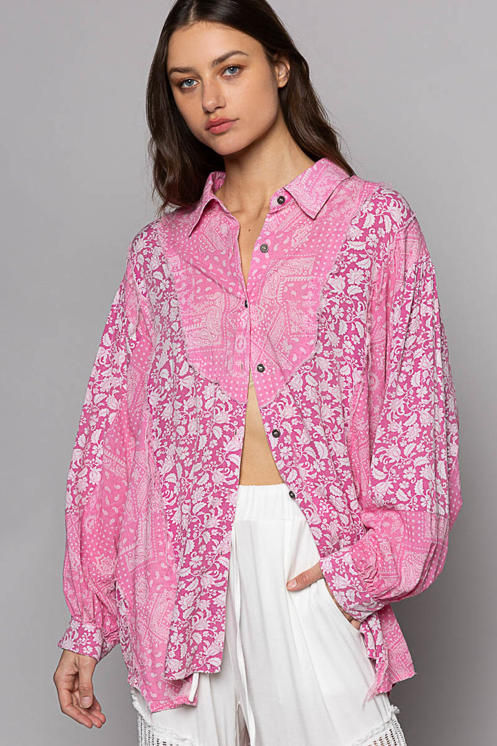 POL Women's Pink Paisley Oversized Long Sleeve Shirt
