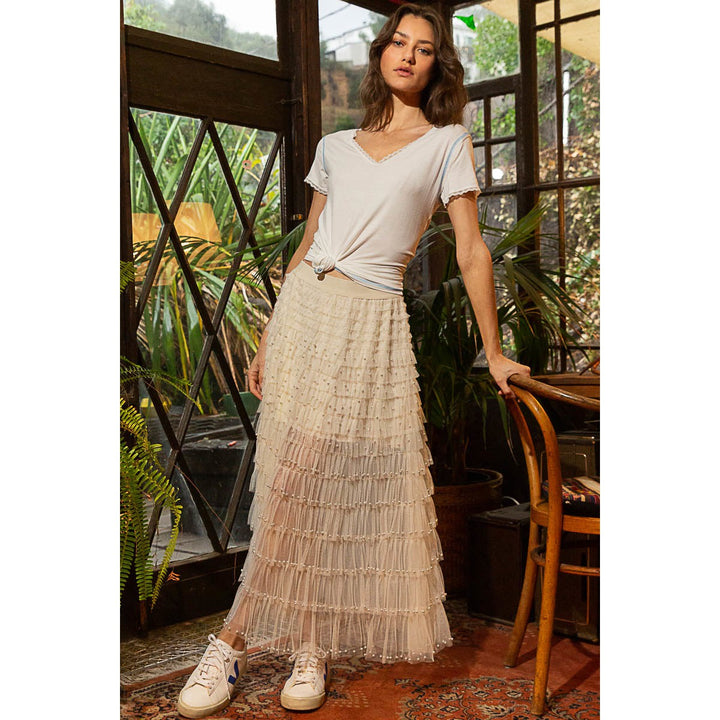 POL Women's Cream and Pearl Long Sheer Skirt