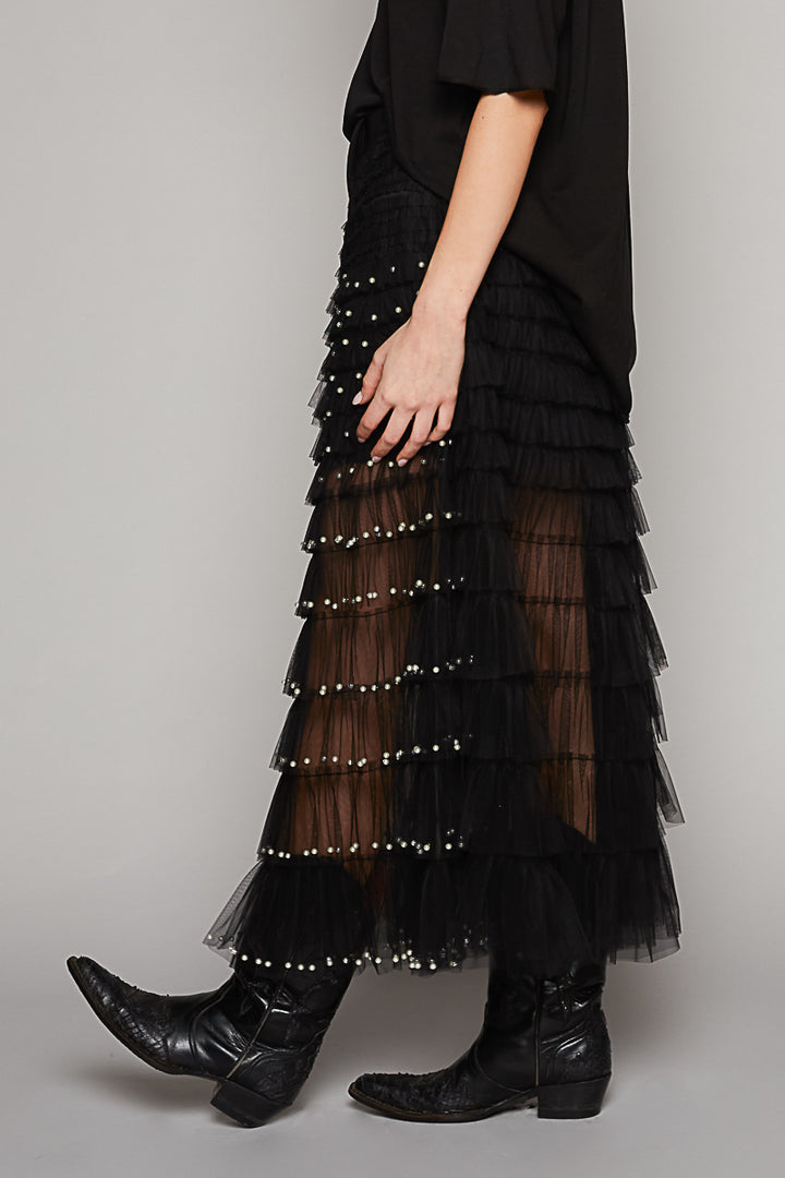 POL Women's Black and Pearl Long Sheer Skirt