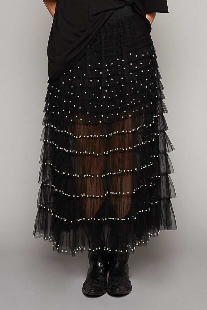 POL Women's Black and Pearl Long Sheer Skirt