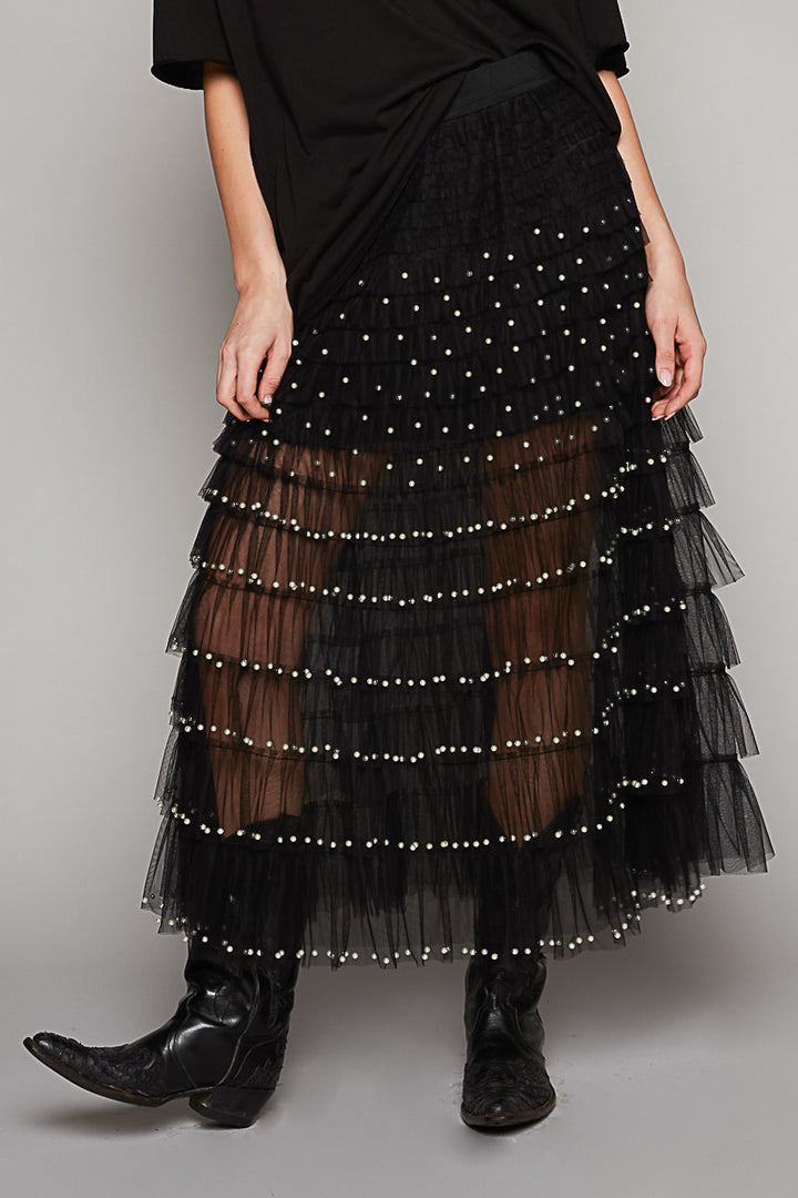 POL Women's Black and Pearl Long Sheer Skirt