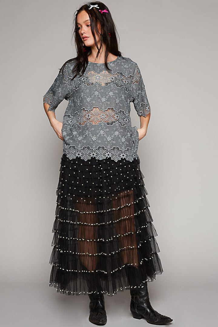 POL Women's Black and Pearl Long Sheer Skirt