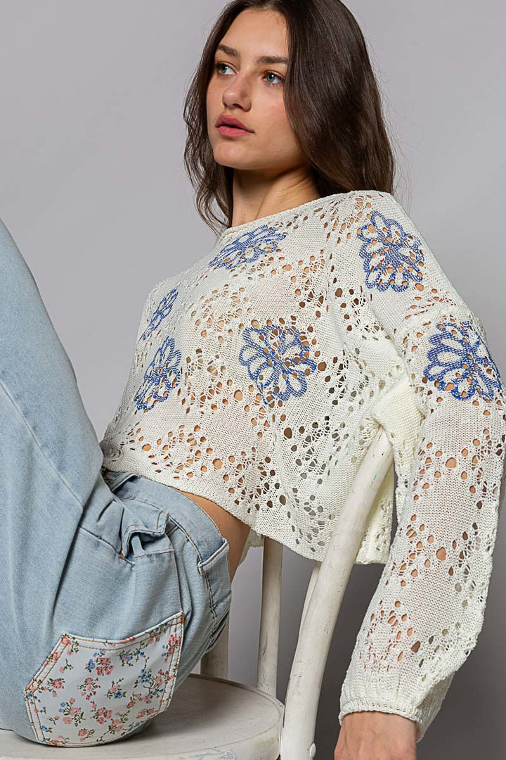 POL Women's Ivory Flower Print Sweater Top
