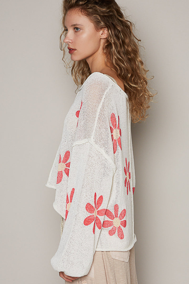 POL Women's Ivory and Red Floral Print Sweater Top