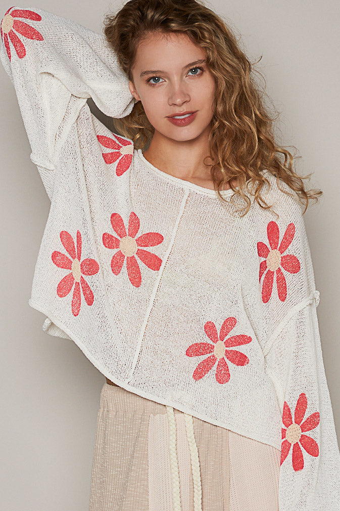 POL Women's Ivory and Red Floral Print Sweater Top