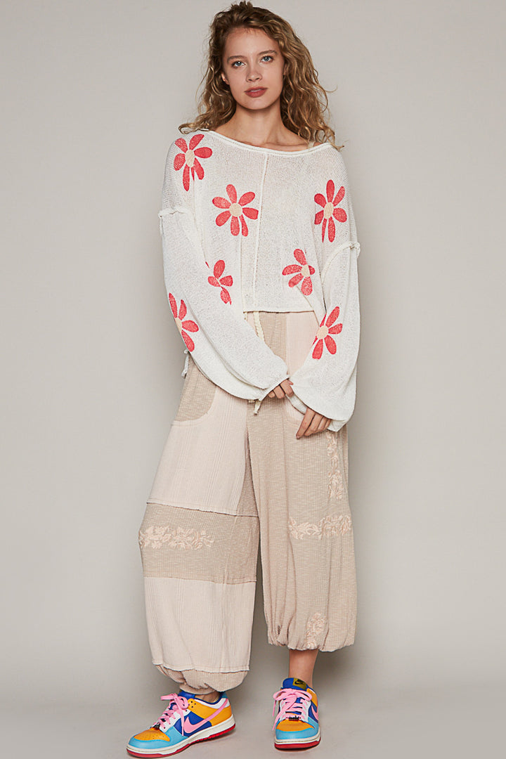 POL Women's Ivory and Red Floral Print Sweater Top