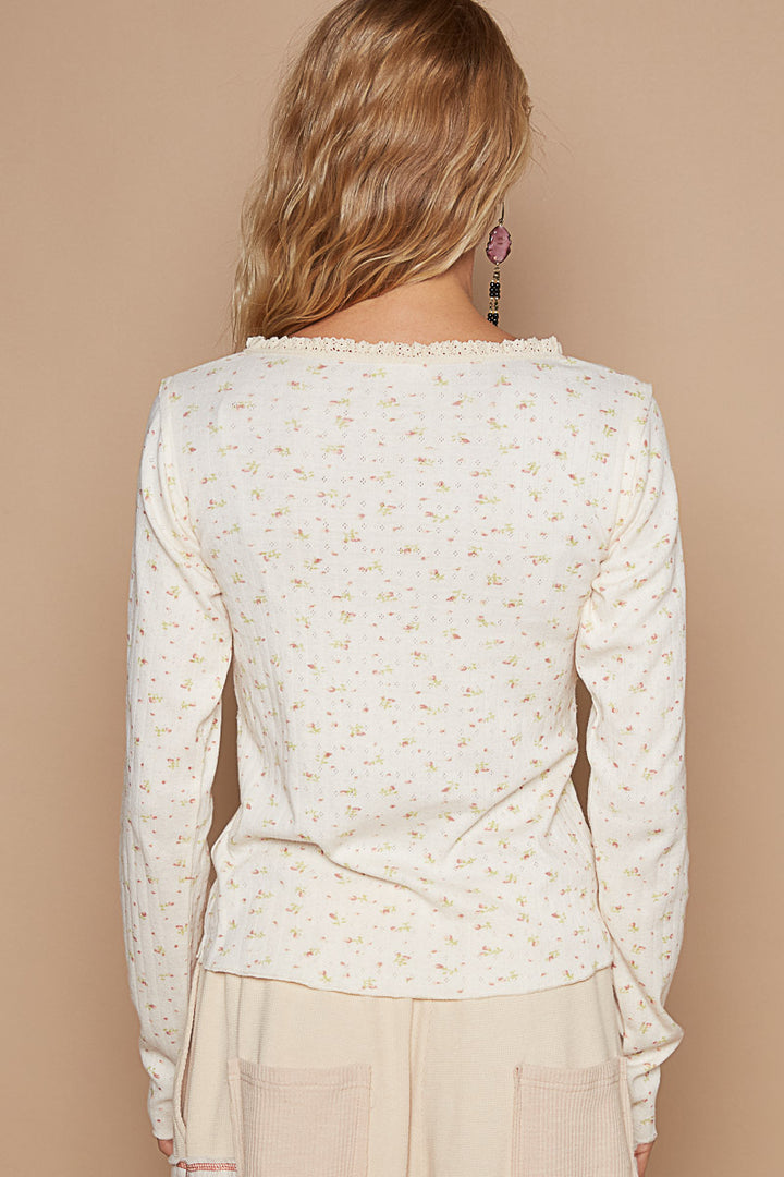 POL Women's Cream Floral Long Sleeve V-Neck Top