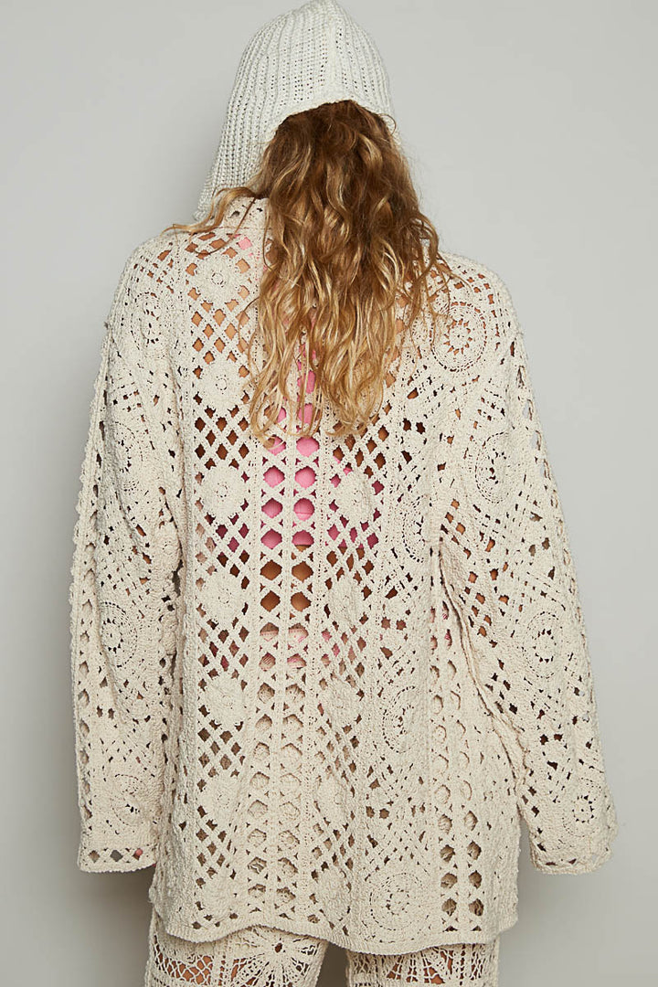 POL Women's Natural Crocheted Long Sleeve Button Down Top