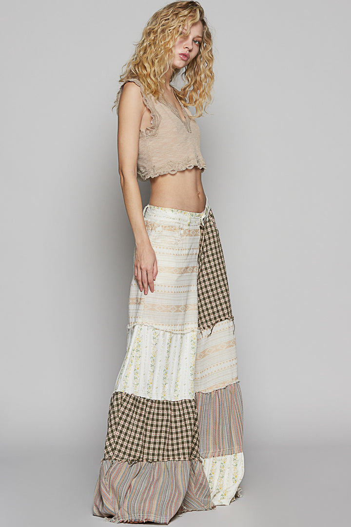 POL Women's Natural Contrast Paneled Wide Leg Pant