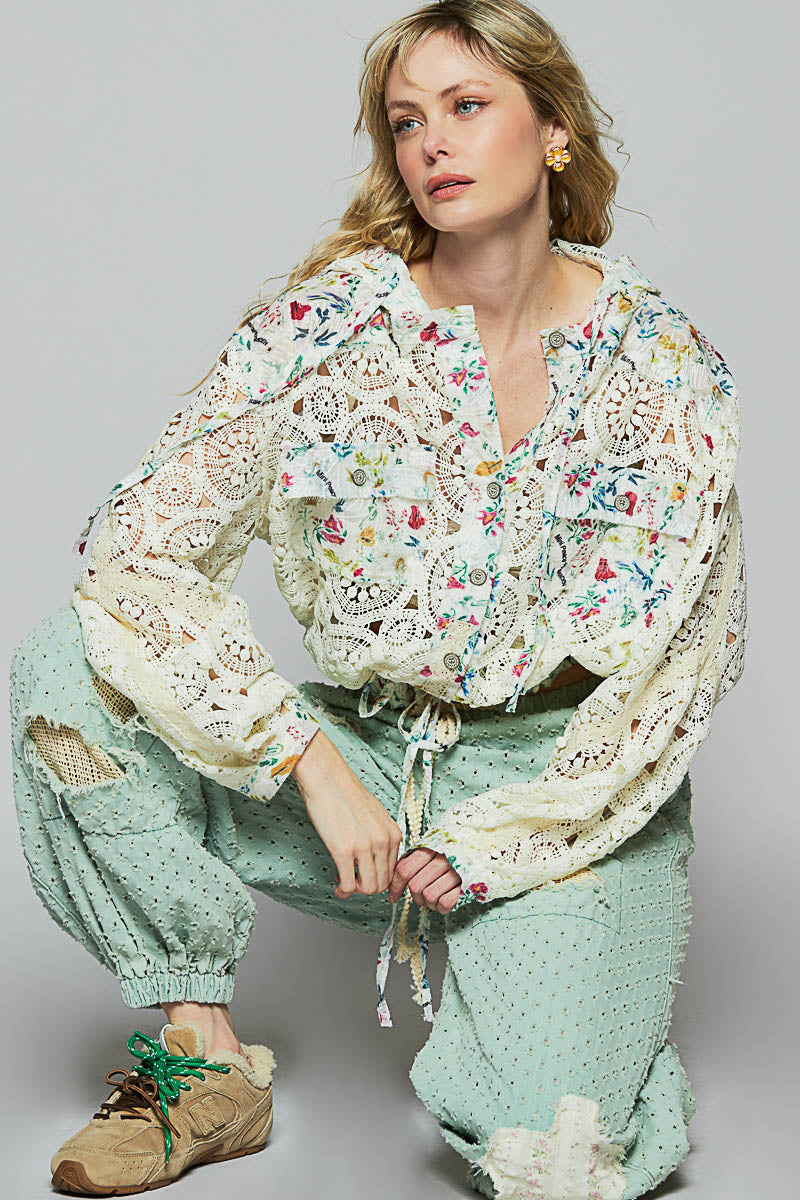 POL Floral Patchwork Distressed Drawstring Hoodie