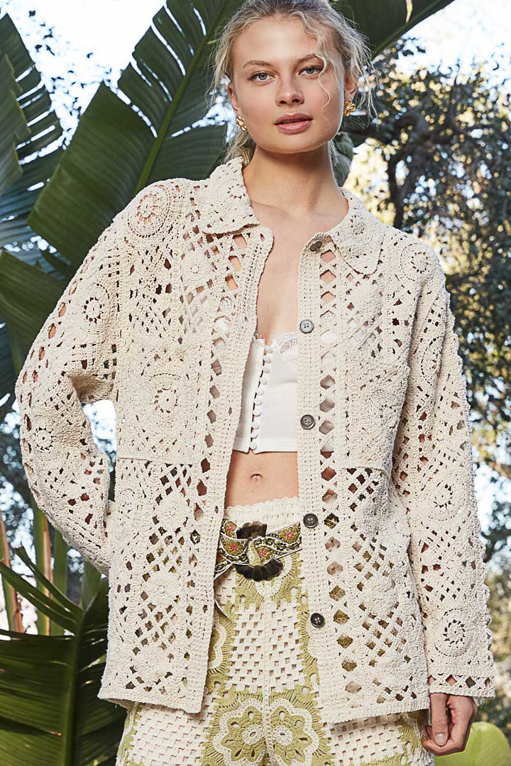 POL Women's Natural Crocheted Long Sleeve Button Down Top