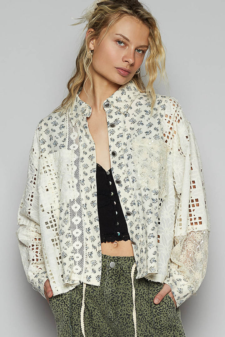 POL Women's Cream Ballon Sleeve Crochet Shirt