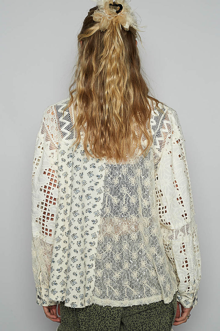 POL Women's Cream Ballon Sleeve Crochet Shirt