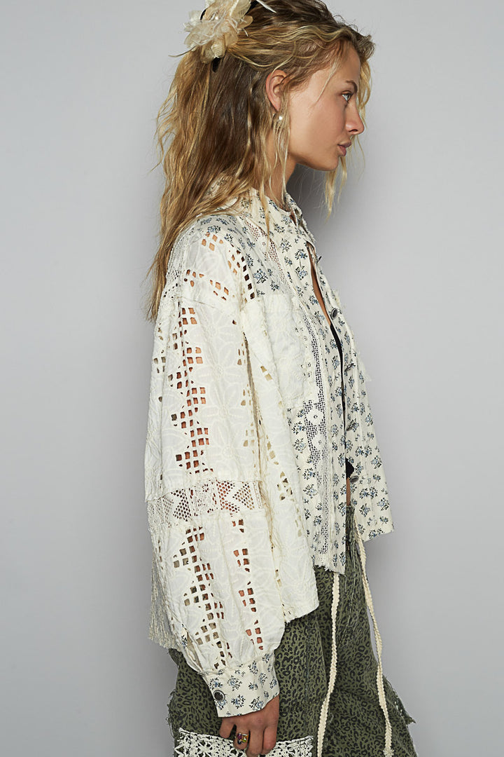 POL Women's Cream Ballon Sleeve Crochet Shirt