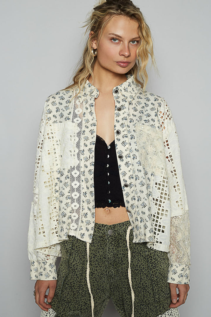 POL Women's Cream Ballon Sleeve Crochet Shirt