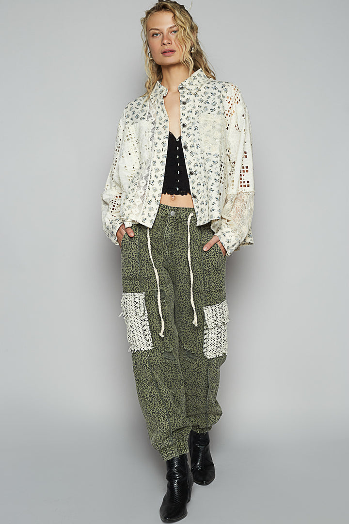 POL Women's Cream Ballon Sleeve Crochet Shirt