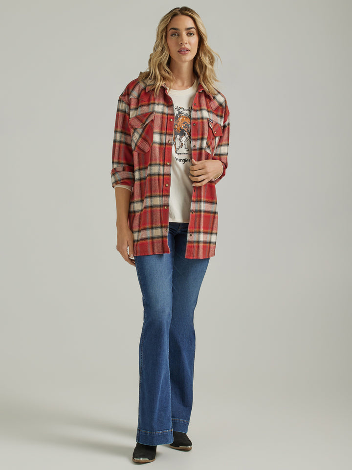 Wrangler Women's Retro Burnt Henna Boyfriend Plaid Flannel Shirt