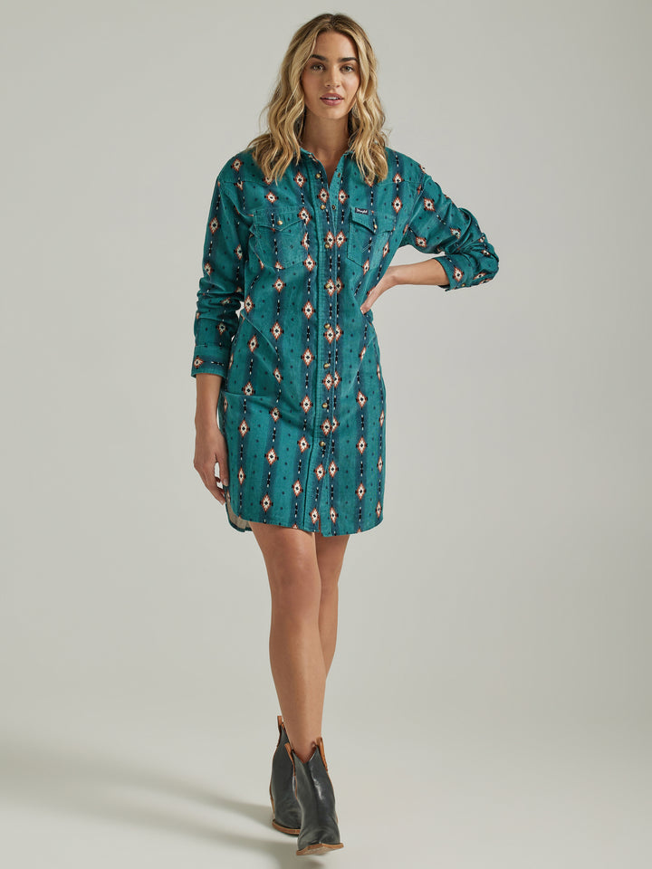 Wrangler Women's Retro Blue Teal Checotah Cord Dress