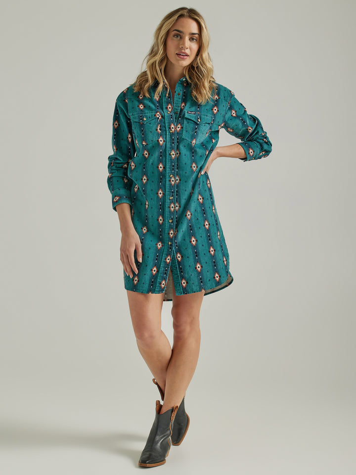Wrangler Women's Retro Blue Teal Checotah Cord Dress