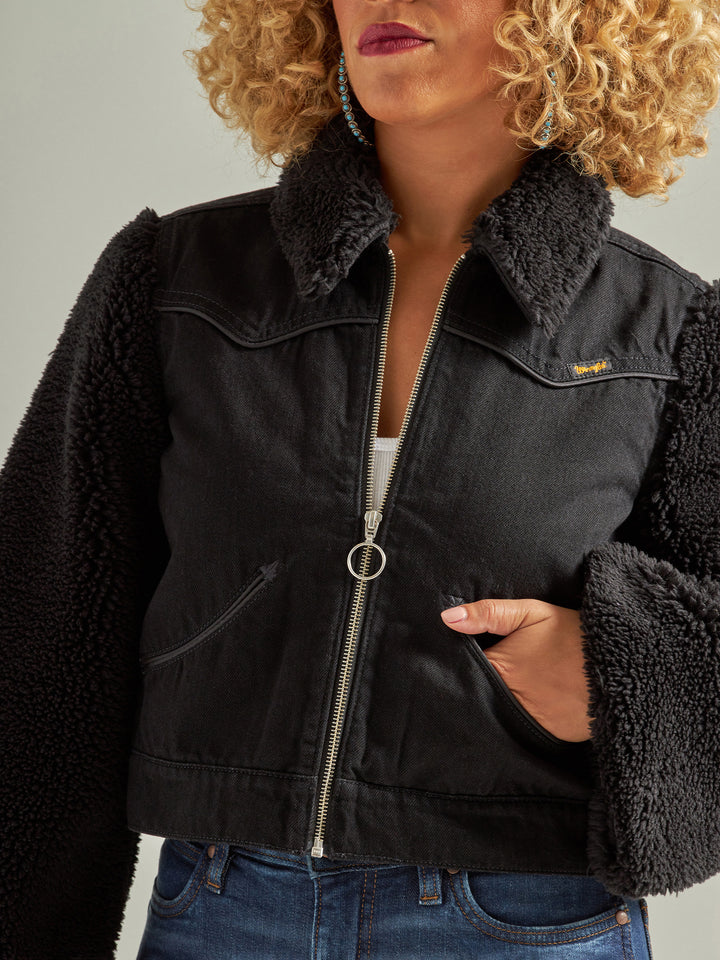 Wrangler Women's Retro Black Denim Contrast Sleeve Jacket