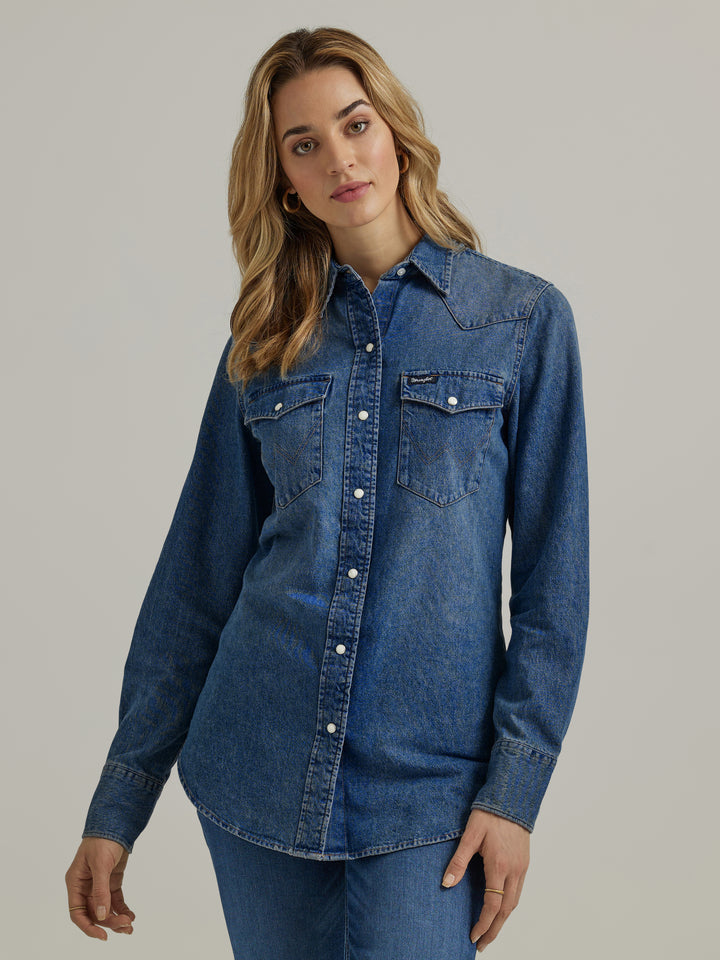 Wrangler Women's Navy Denim Cowboy Snap Shirt
