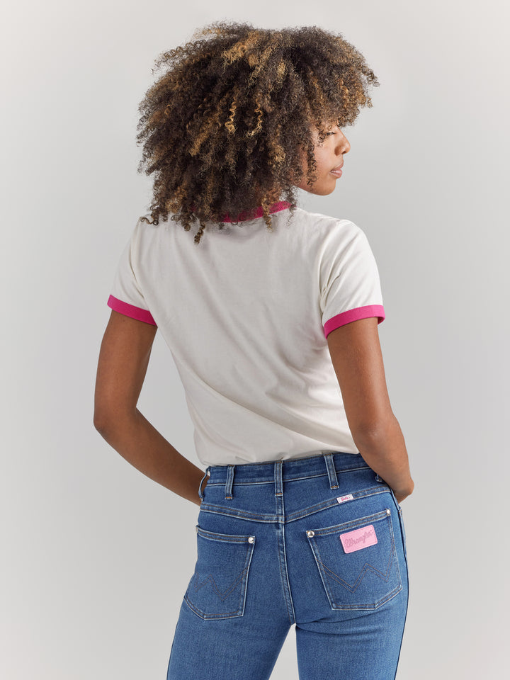 Wrangler Women's Barbie Logo Worn White Slim Ringer Tee