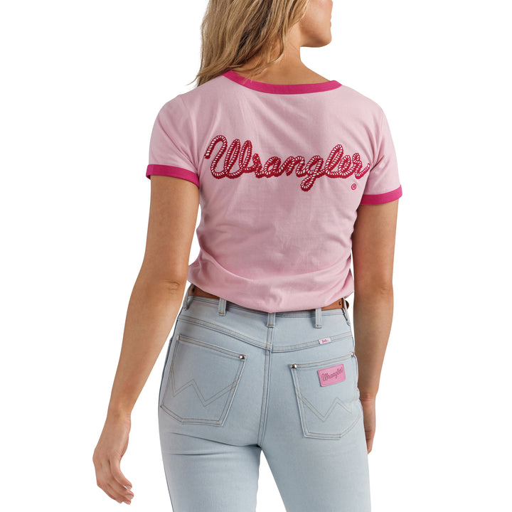 Wrangler Women's Barbie Logo Pink Slim Ringer Tee