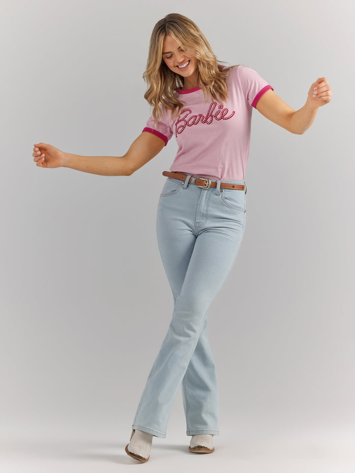 Wrangler Women's Barbie Logo Pink Slim Ringer Tee