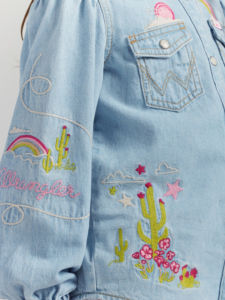 Wrangler Girl's Barbie Balloon Sleeve Embroidered Blouse