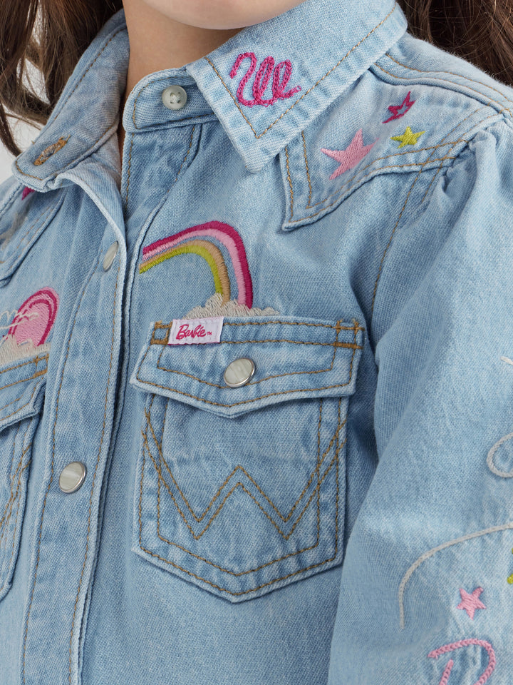 Wrangler Girl's Barbie Balloon Sleeve Embroidered Blouse