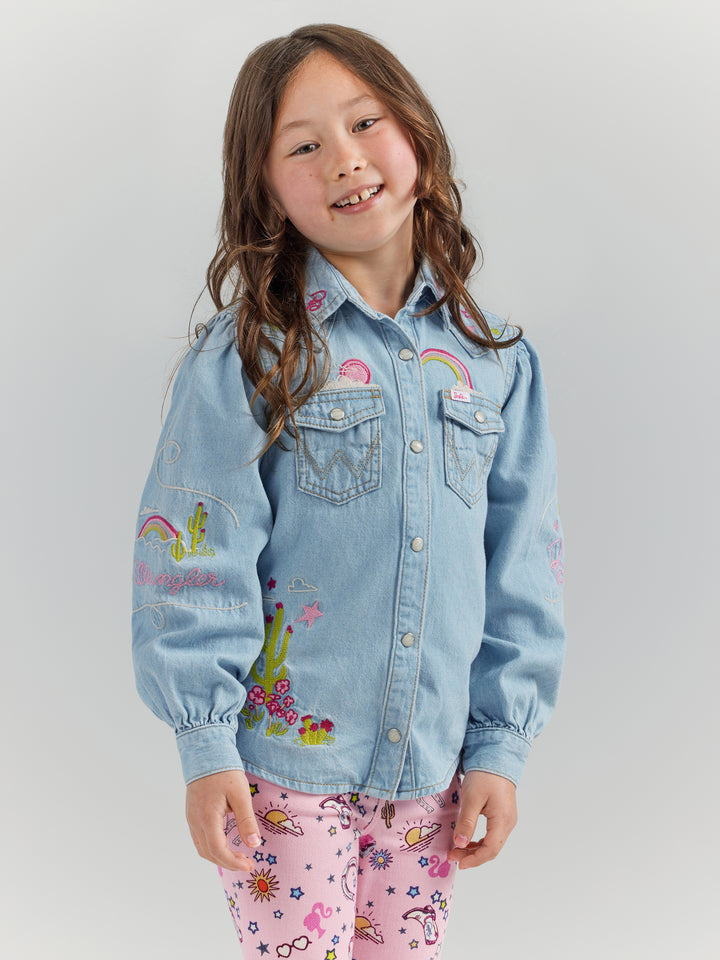 Wrangler Girl's Barbie Balloon Sleeve Embroidered Blouse