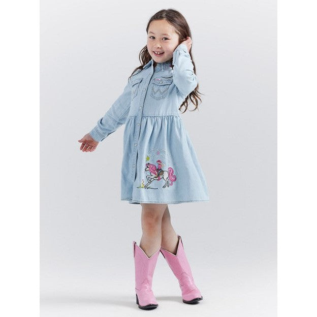 Wrangler Girl's Barbie Embroidered Denim Shirt Dress West 20 Saddle Co. Wrangler Girl's Barbie Embroidered Denim Shirt Dress West 20 Saddle Co.