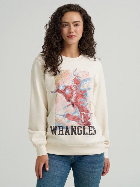 Wrangler Women's Painterly White Bucking Pastel Graphic Crew Sweatshirt