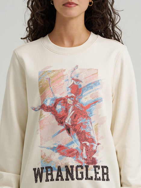 Wrangler Women's Painterly White Bucking Pastel Graphic Crew Sweatshirt