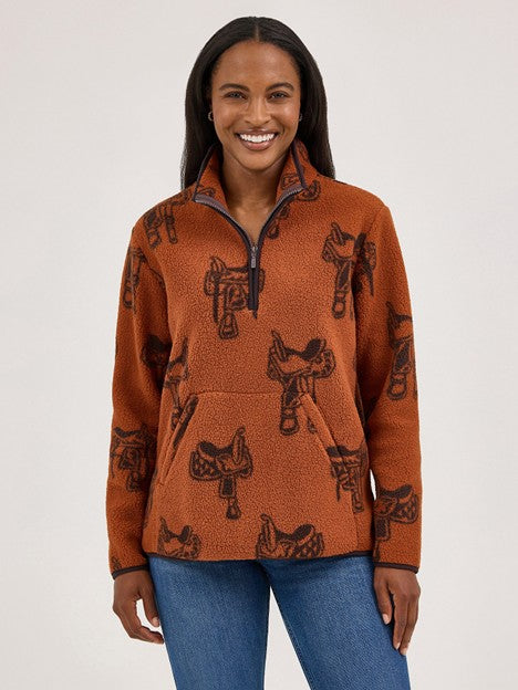 Wrangler Women's Horse Brown Quarter Zip Sherpa Pullover